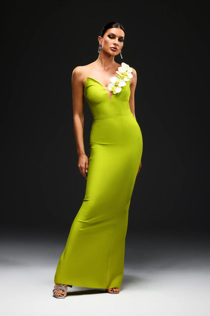 LLstyle Moth Orchids One Shoulder Yellow Green Dress