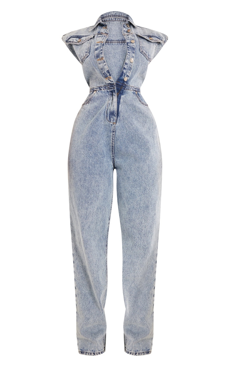 Shape Light Blue Sleeveless Rigid Denim Jumpsuit