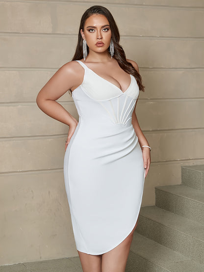 LLstyle Plus Size Solid Ruched Slit Tank Dress