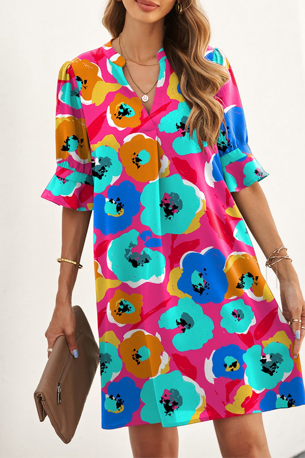 Rose Split V Collar Ruffle Sleeve Floral Shift Dress