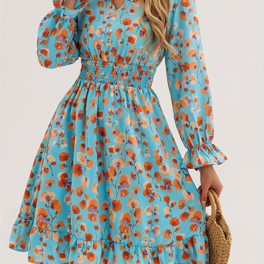 LLstyle Floral Print V-neck Shirred Waist Dress