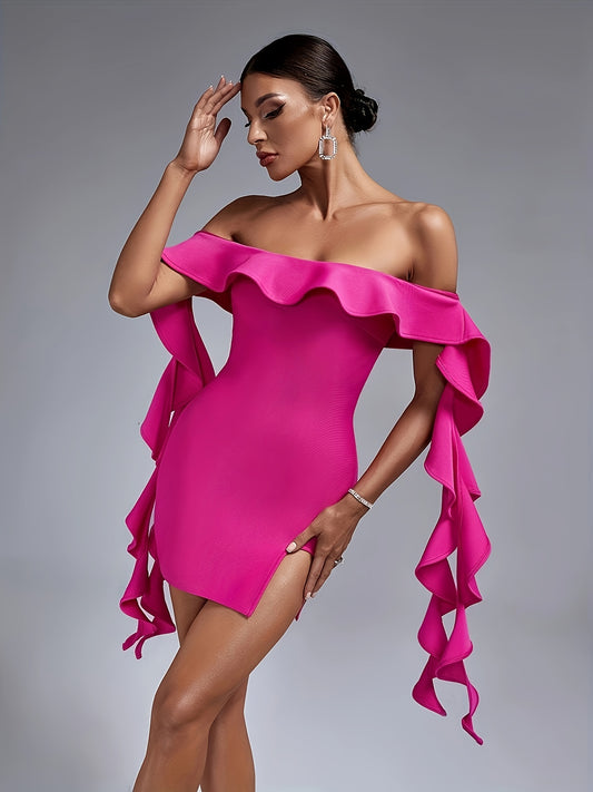 LLstyle Solid Off Shoulder Ruffle Trim Dress