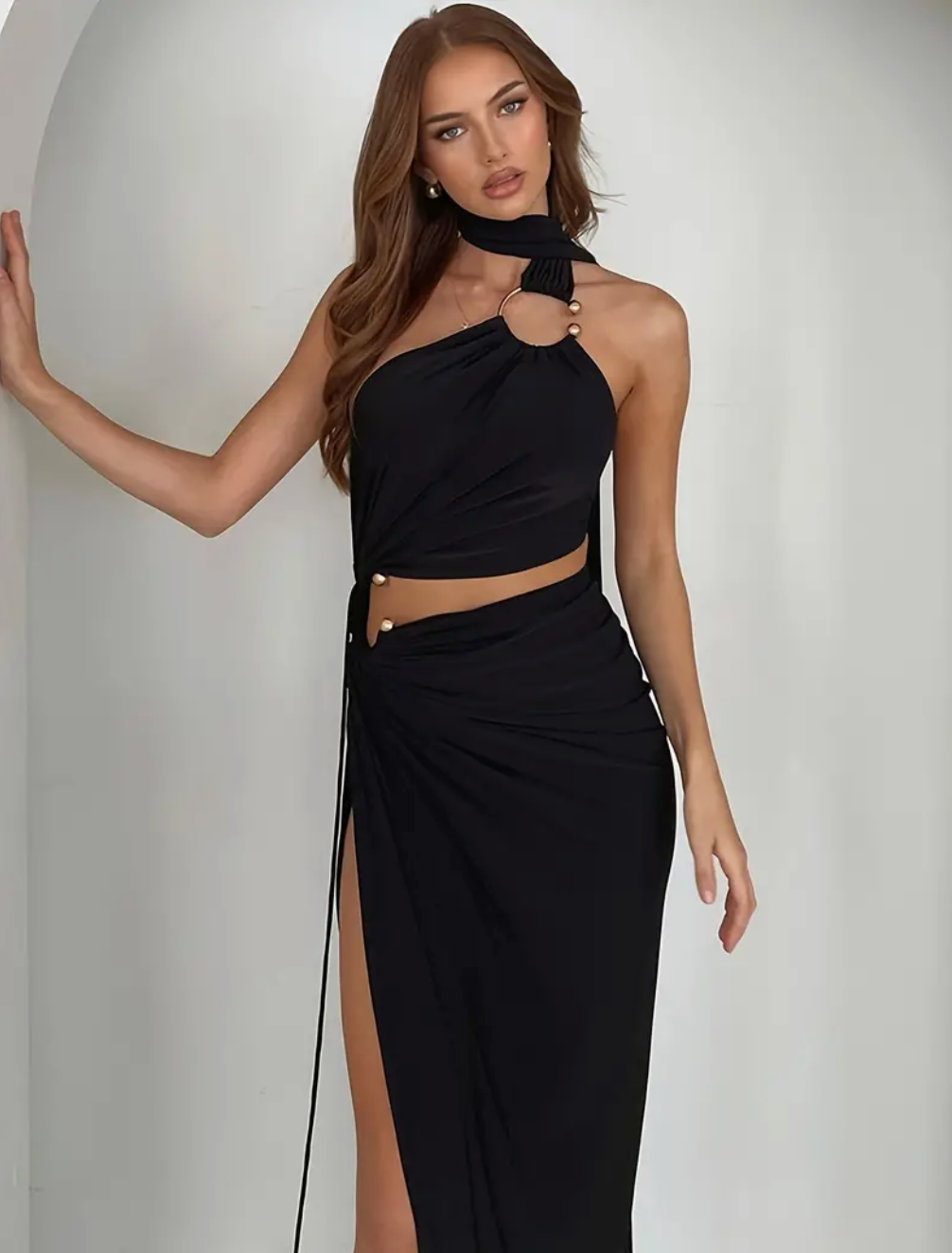 LLstyle Ruched Asymmetrical Cut Out Halter Dress