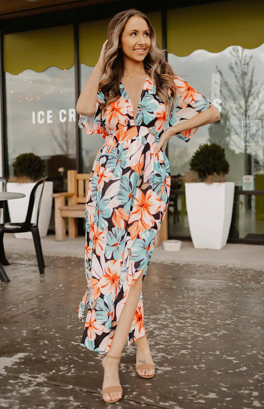 LLstyle Floral Print Plunge Neck Dress