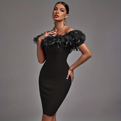 LLstyle Off Shoulder Faux Feather Decor Dress