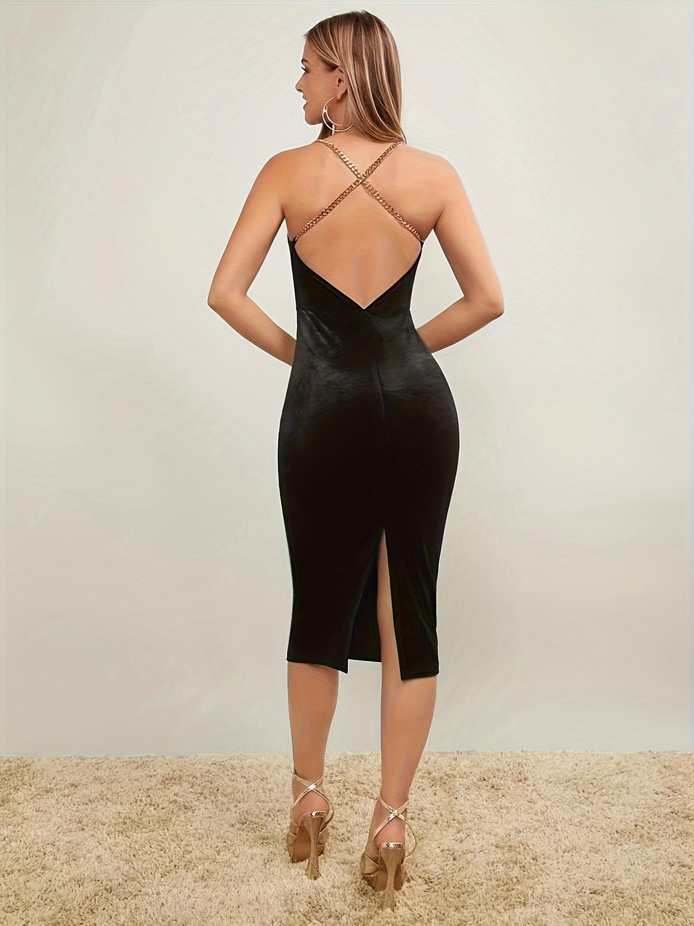 Solid Criss Cross Back Elegant Dress