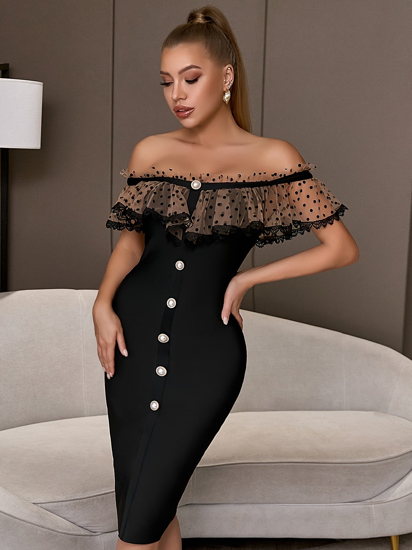 LLstyle Plus Size Beaded Lace Trim Bodycon Dress