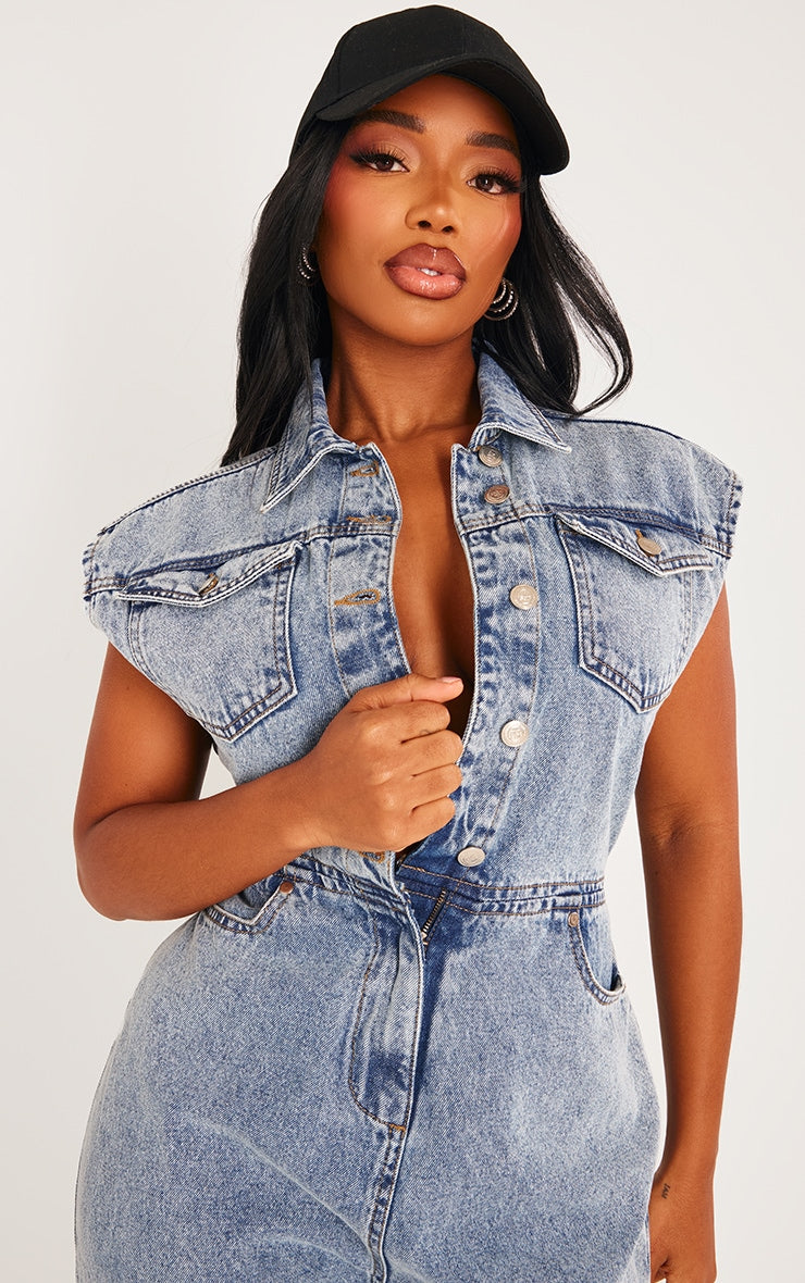 Shape Acid Blue Wash Sleeveless Rigid Denim Jumpsuit