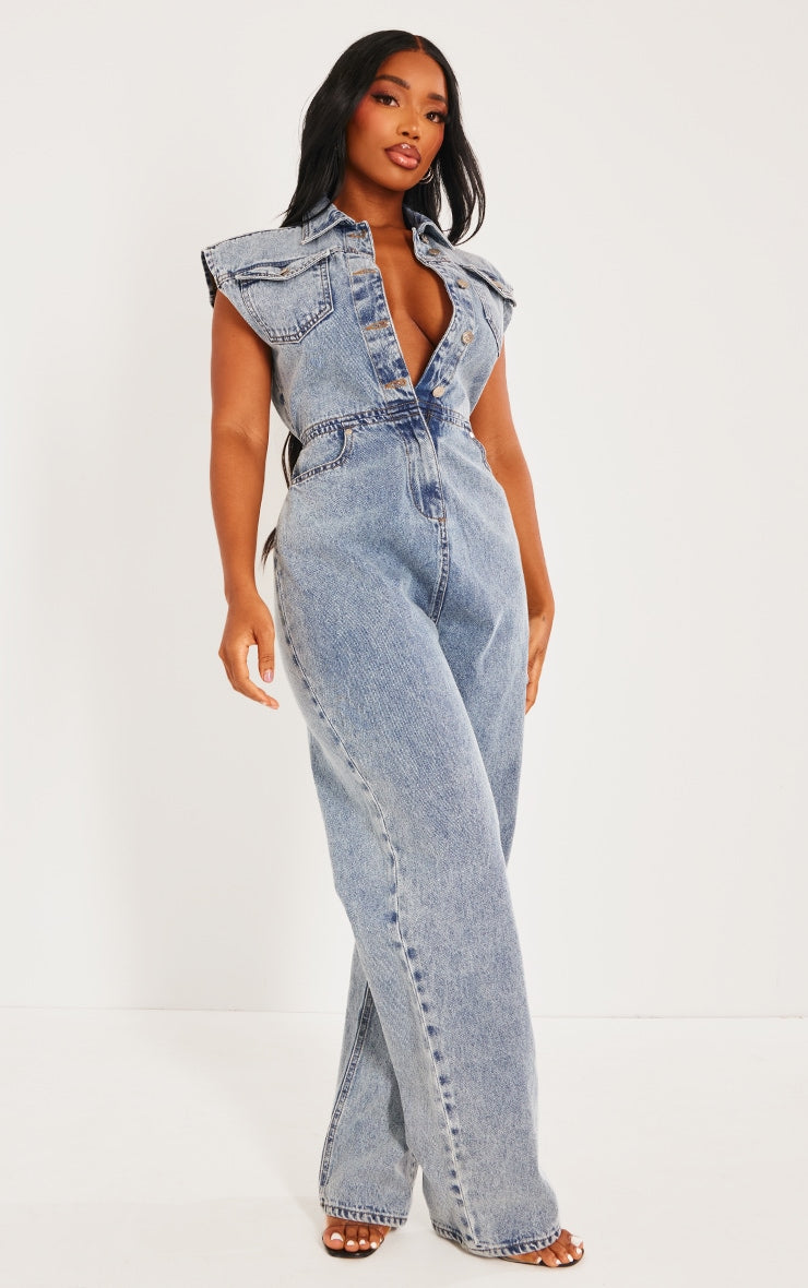 Shape Light Blue Sleeveless Rigid Denim Jumpsuit