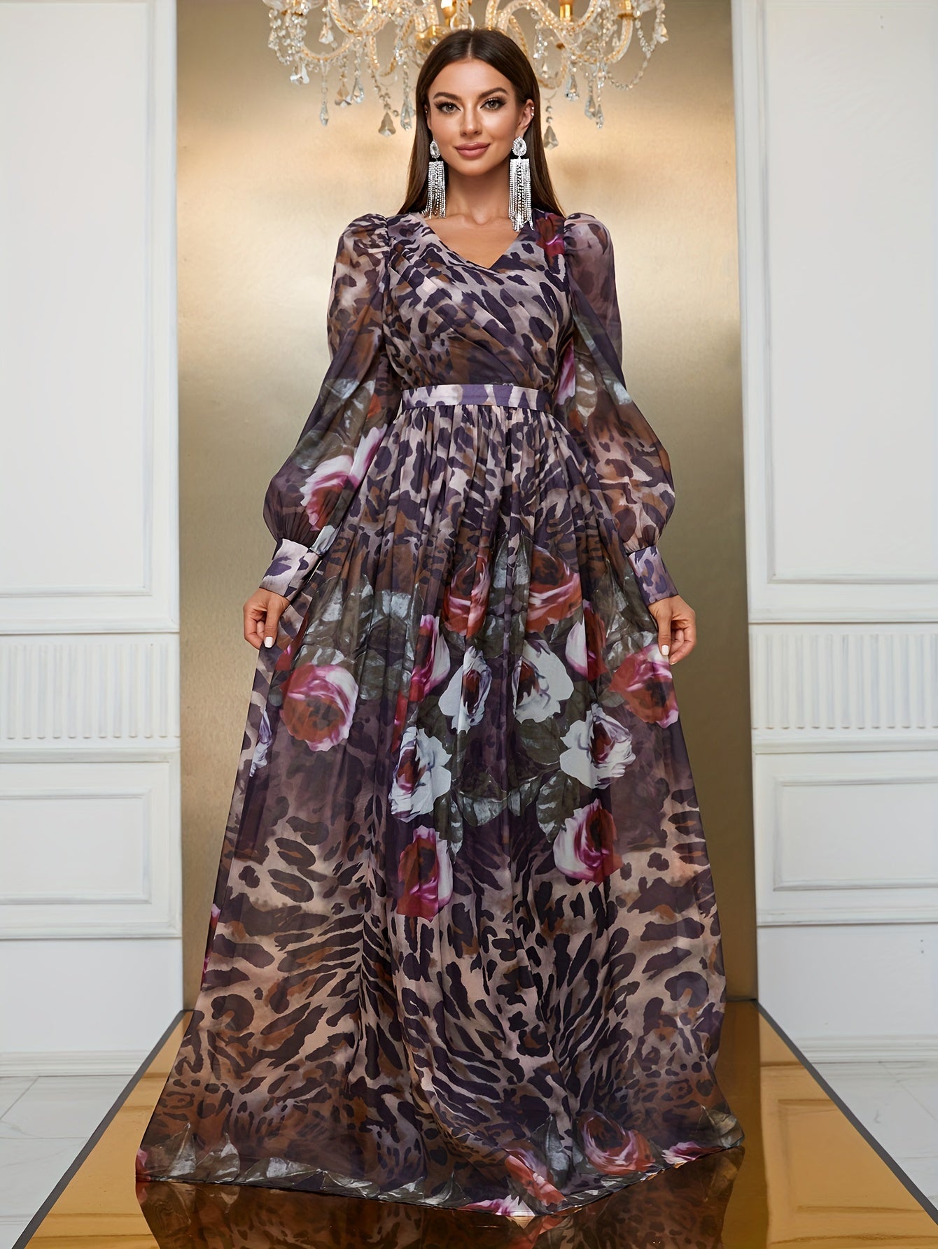 LLstyle Floral & Leopard Print V-neck Maxi Dress