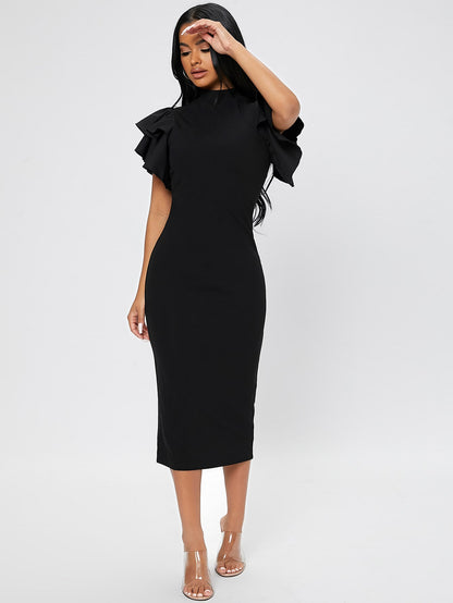 LLstyle- Neck Butterfly Sleeve Split Back Dress