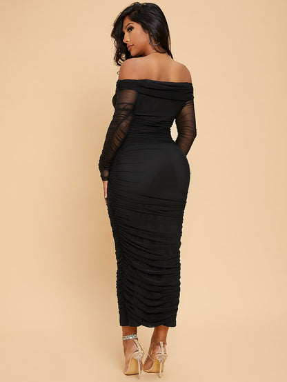 LLstyle- Off Shoulder Ruched Mesh Dress