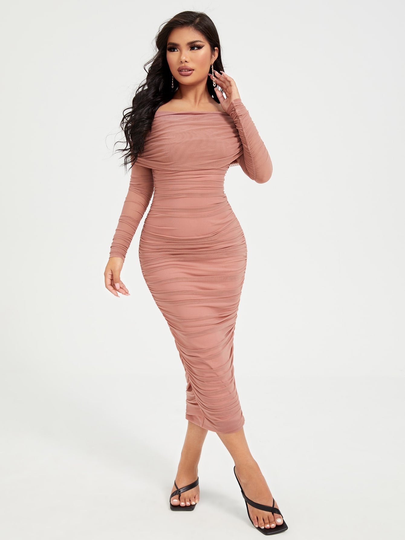 LLstyle- Off Shoulder Ruched Mesh Dress