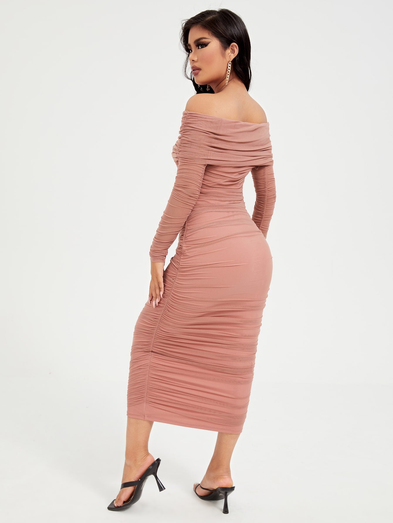 LLstyle- Off Shoulder Ruched Mesh Dress