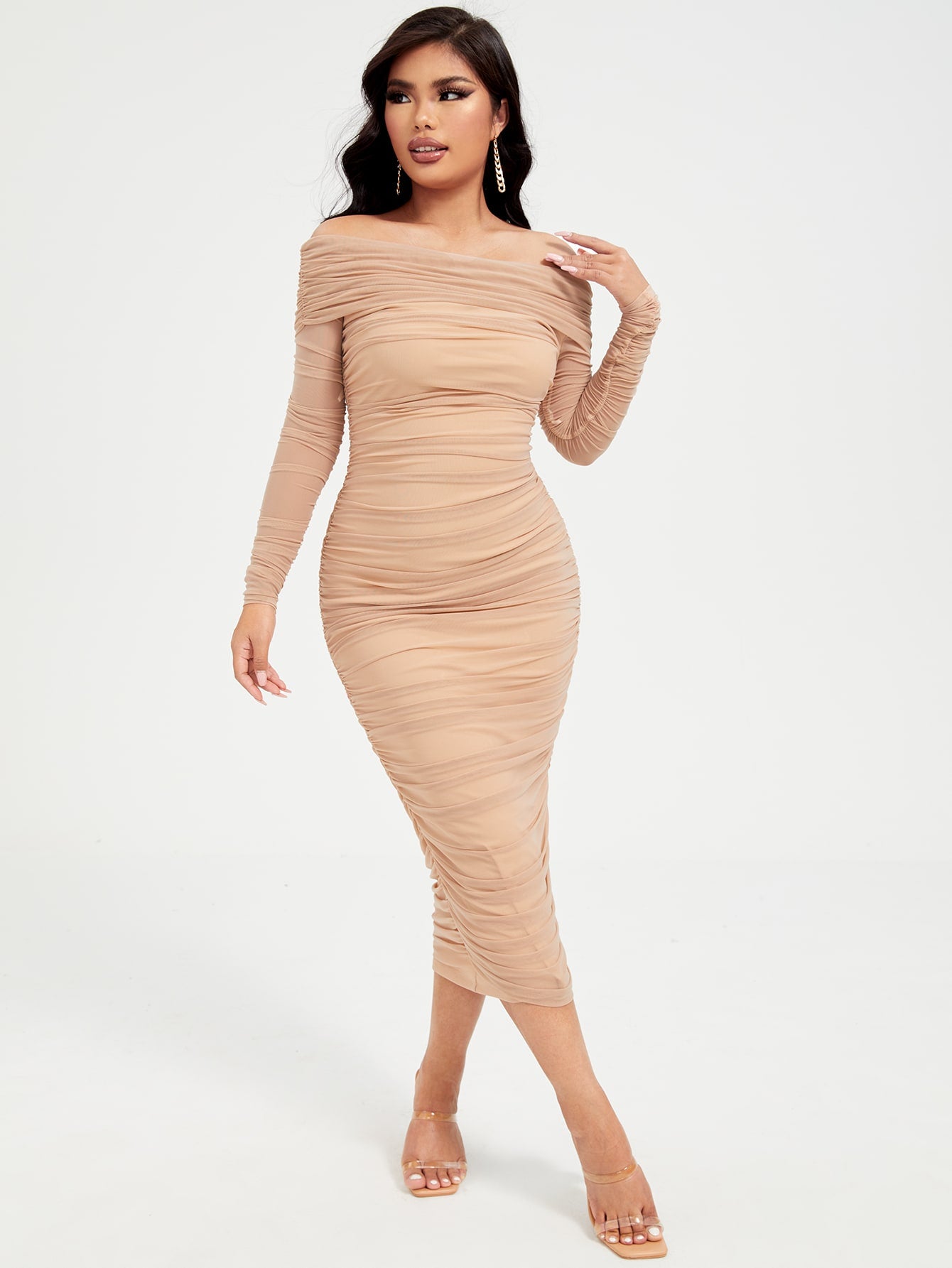 LLstyle- Off Shoulder Ruched Mesh Dress