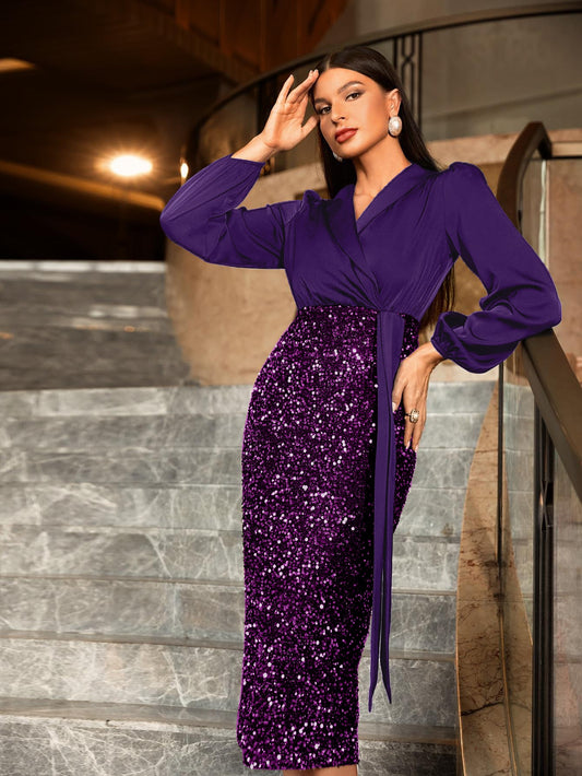 Modely Shawl Collar Lantern Sleeve Sequin Dress