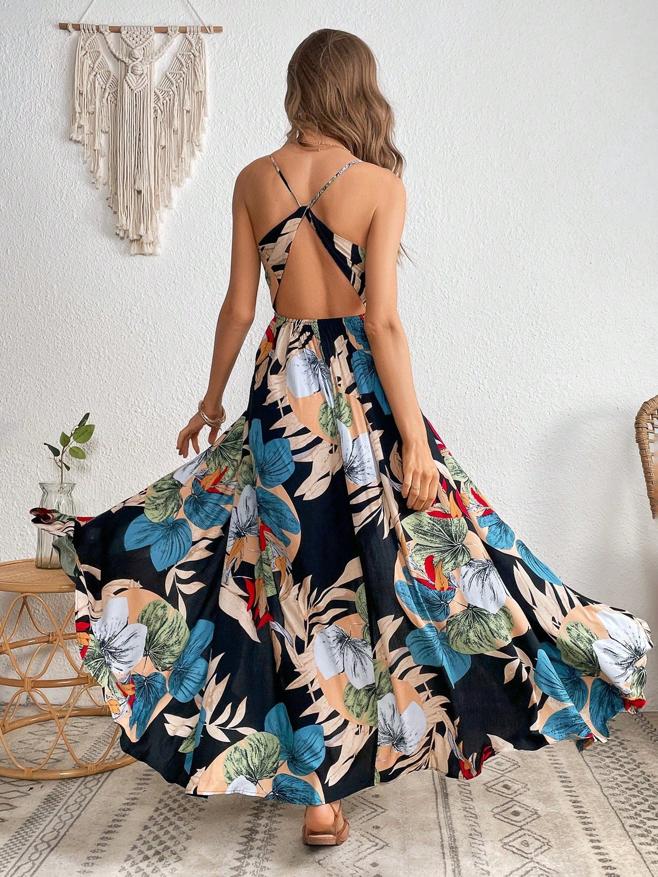 Tropical Print Overlap Collar Backless Slit Thigh Cami Dress