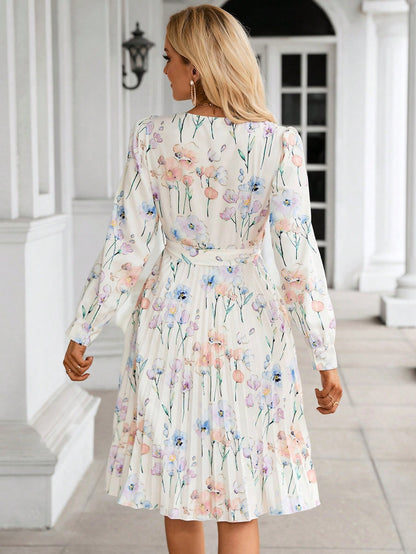 LLstyle Floral Print Pleated Hem Belted Dress