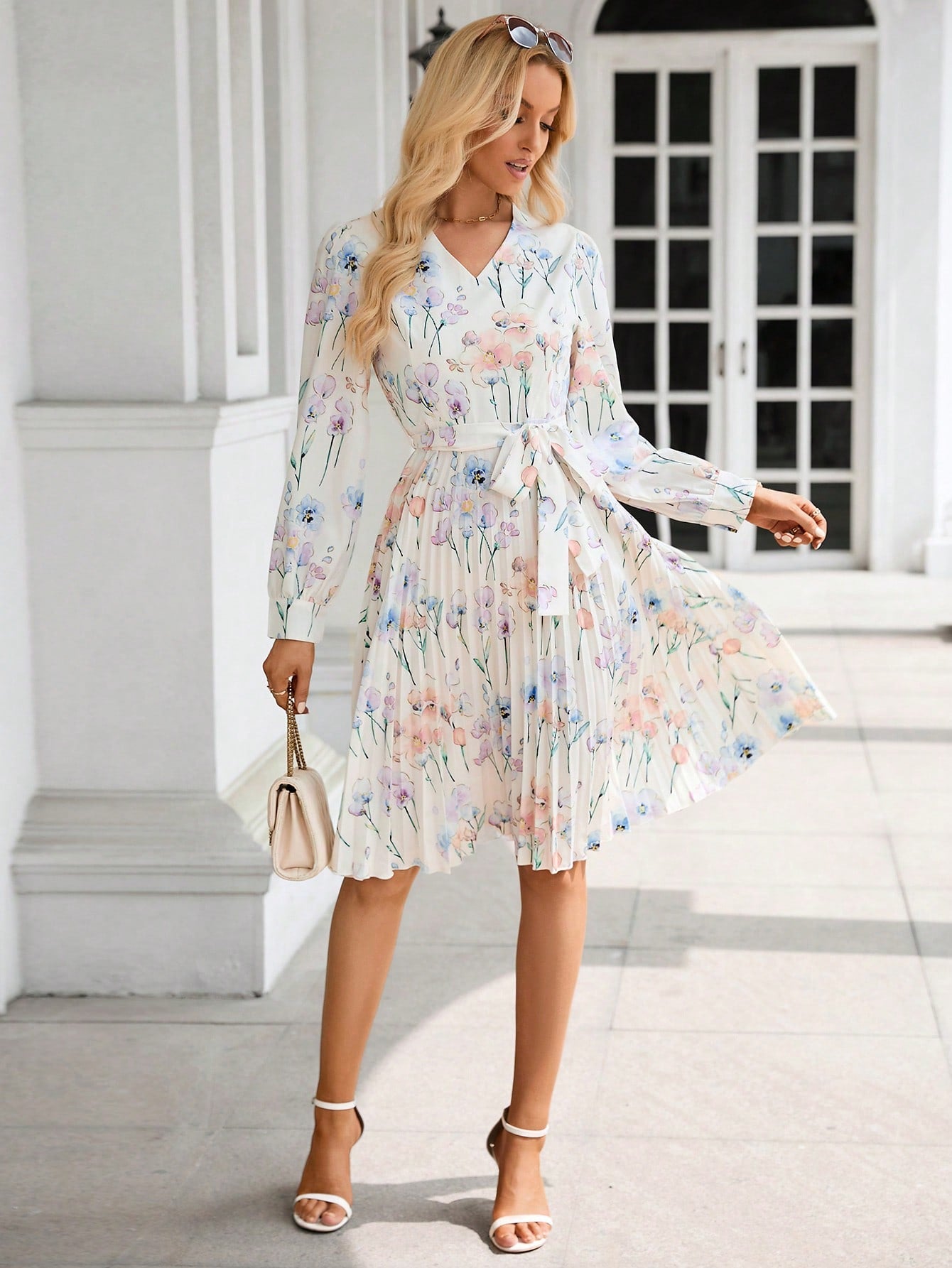 LLstyle Floral Print Pleated Hem Belted Dress