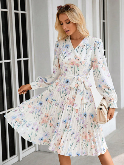 LLstyle Floral Print Pleated Hem Belted Dress