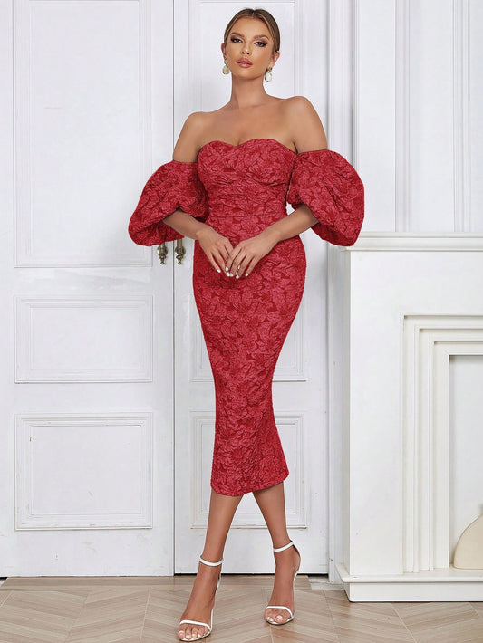 LLstyle-Off Shoulder Puff Sleeve Split Back Floral Jacquard Dress