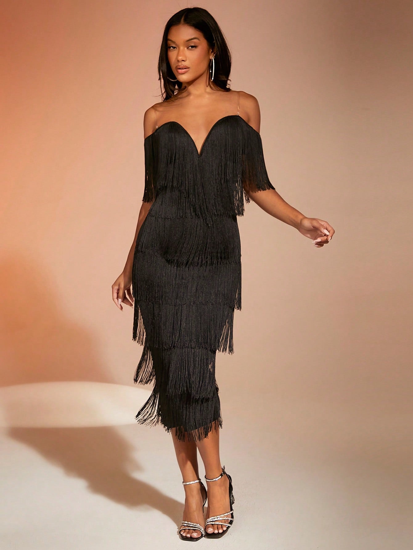 LLstyle Cold Shoulder Fringe Trim Dress