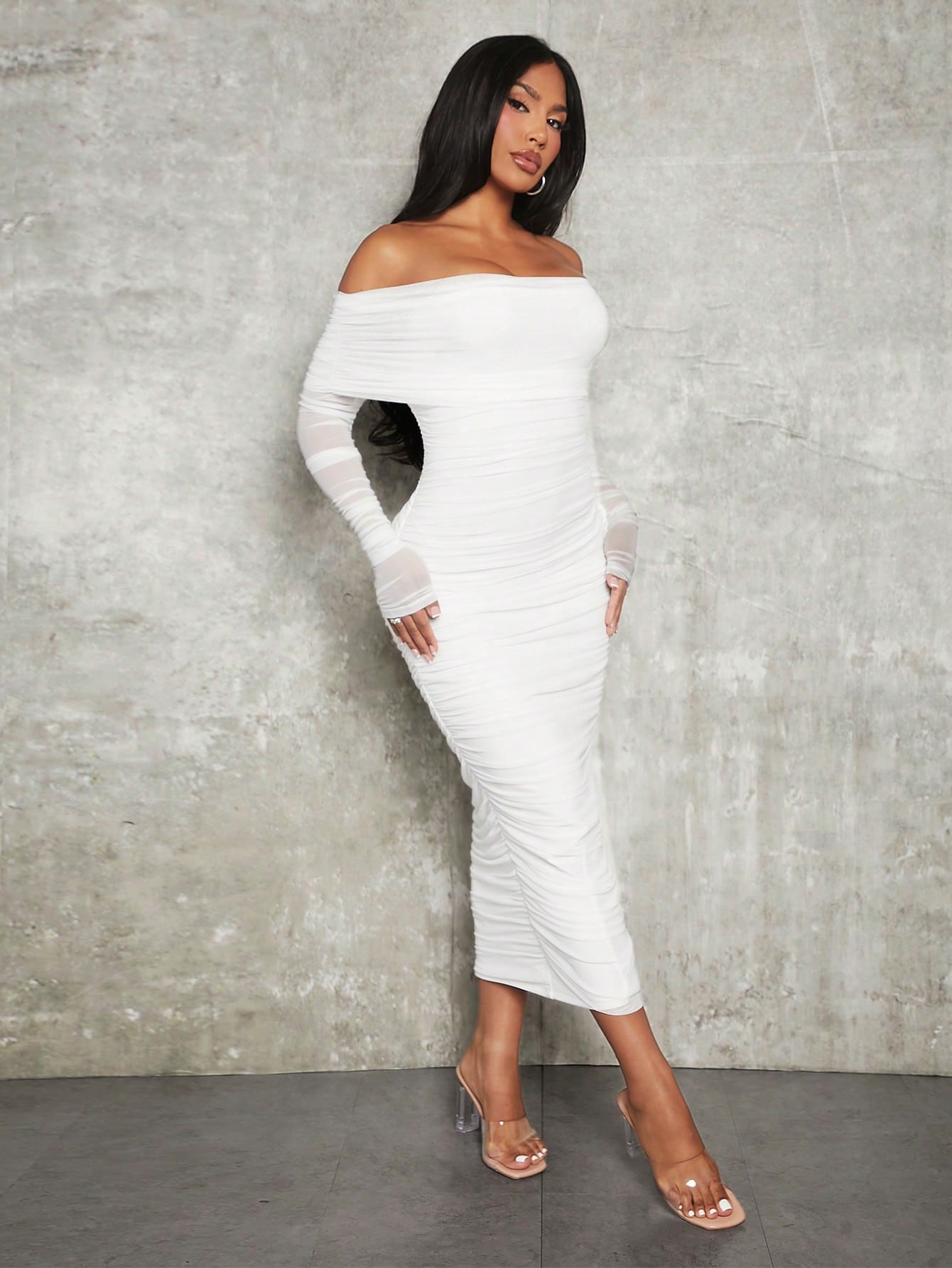 LLstyle- Off Shoulder Ruched Mesh Dress