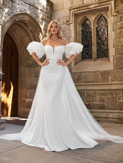 LLstyle Off Shoulder Contrast Mesh Mermaid Hem Wedding Dress