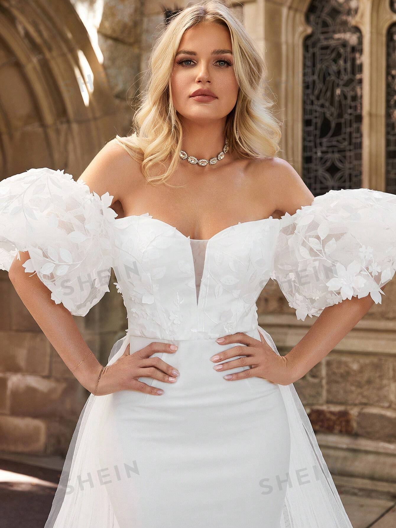 LLstyle Off Shoulder Contrast Mesh Mermaid Hem Wedding Dress