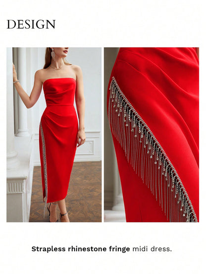 LLstyle Strapless Rhinestone Fringe Dress