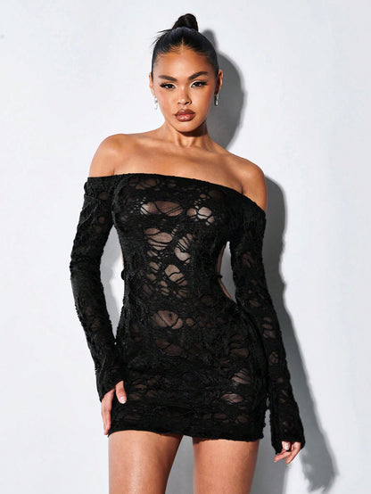 LLstyle Off Shoulder Backless Ripped Mesh Bodycon Dress