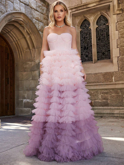 LLstyle Ombre Ruffle Trim Mesh Tube Wedding Dress