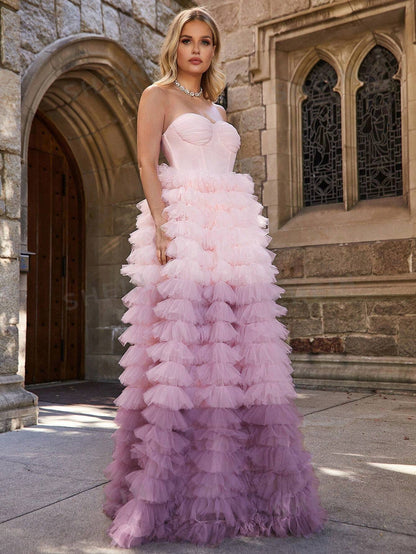 LLstyle Ombre Ruffle Trim Mesh Tube Wedding Dress