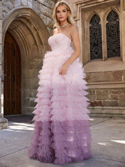 LLstyle Ombre Ruffle Trim Mesh Tube Wedding Dress