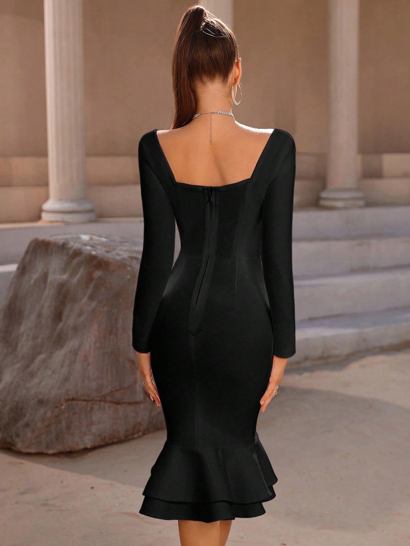 LLstyle- Square Neck Button Front Backless Dress