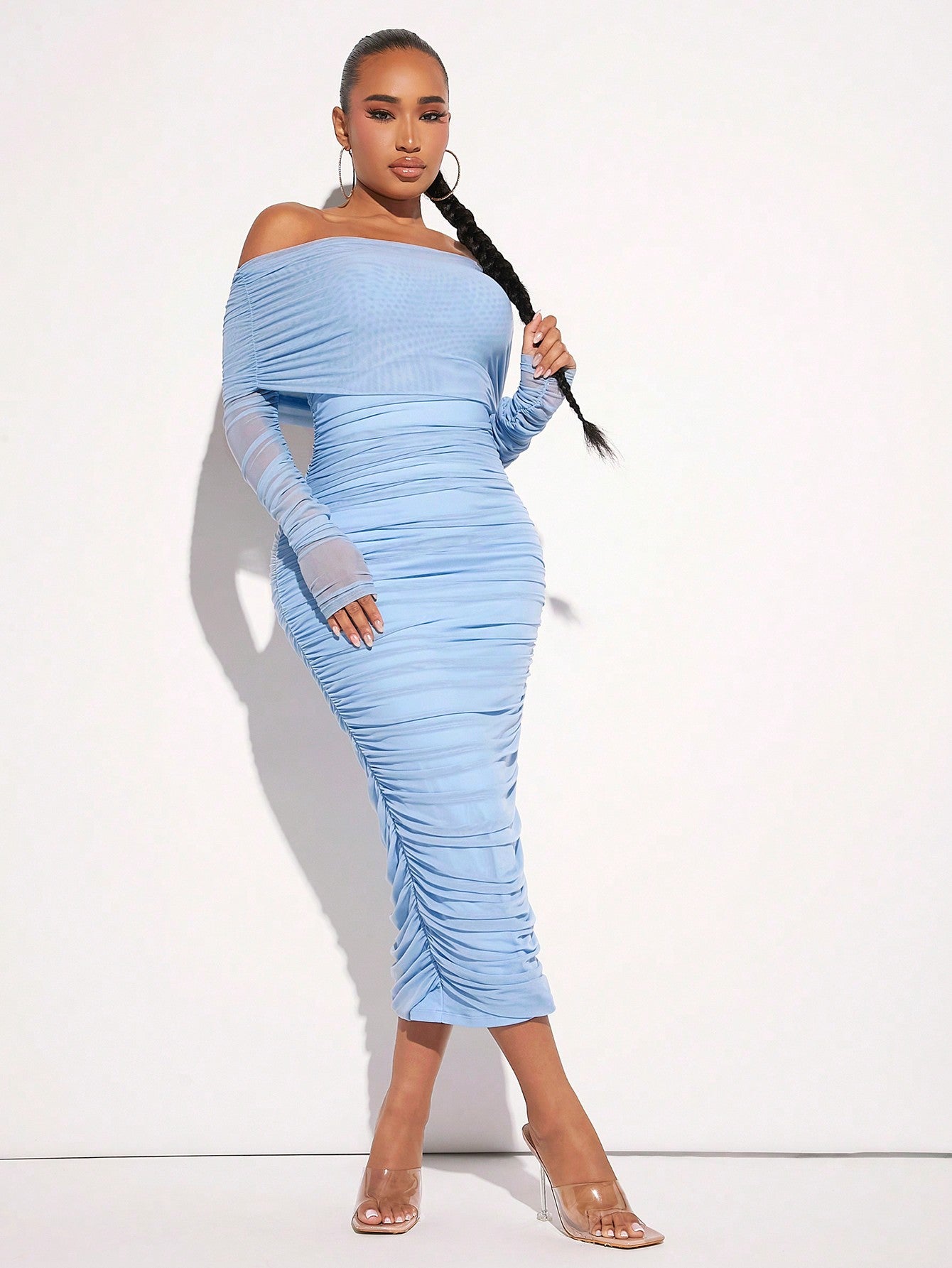 LLstyle- Off Shoulder Ruched Mesh Dress