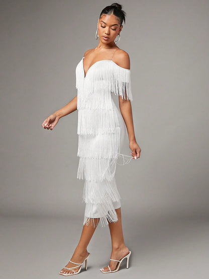 LLstyle Cold Shoulder Fringe Trim Dress