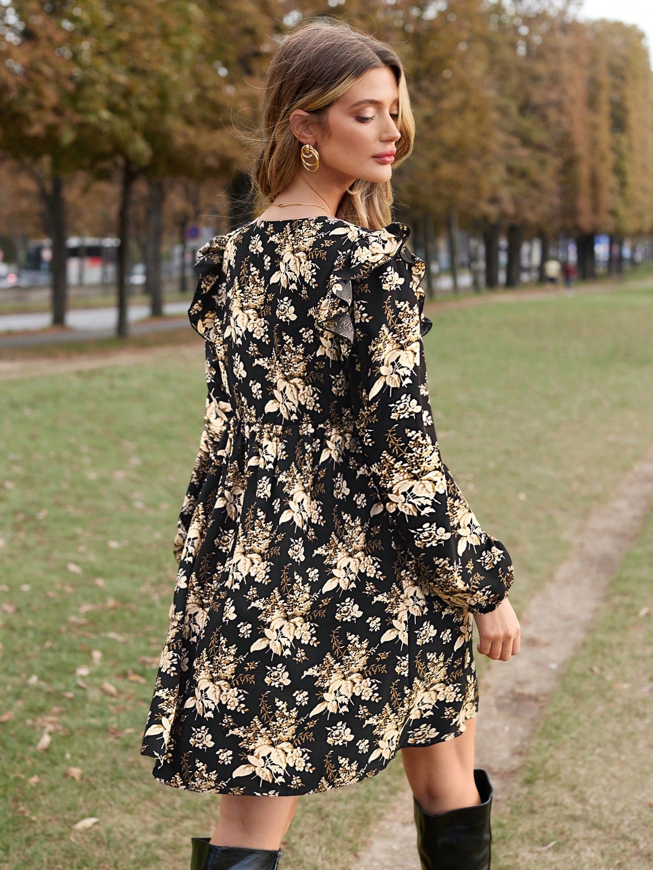 LLstyle Floral Print Ruffle Trim Dress Without Belt