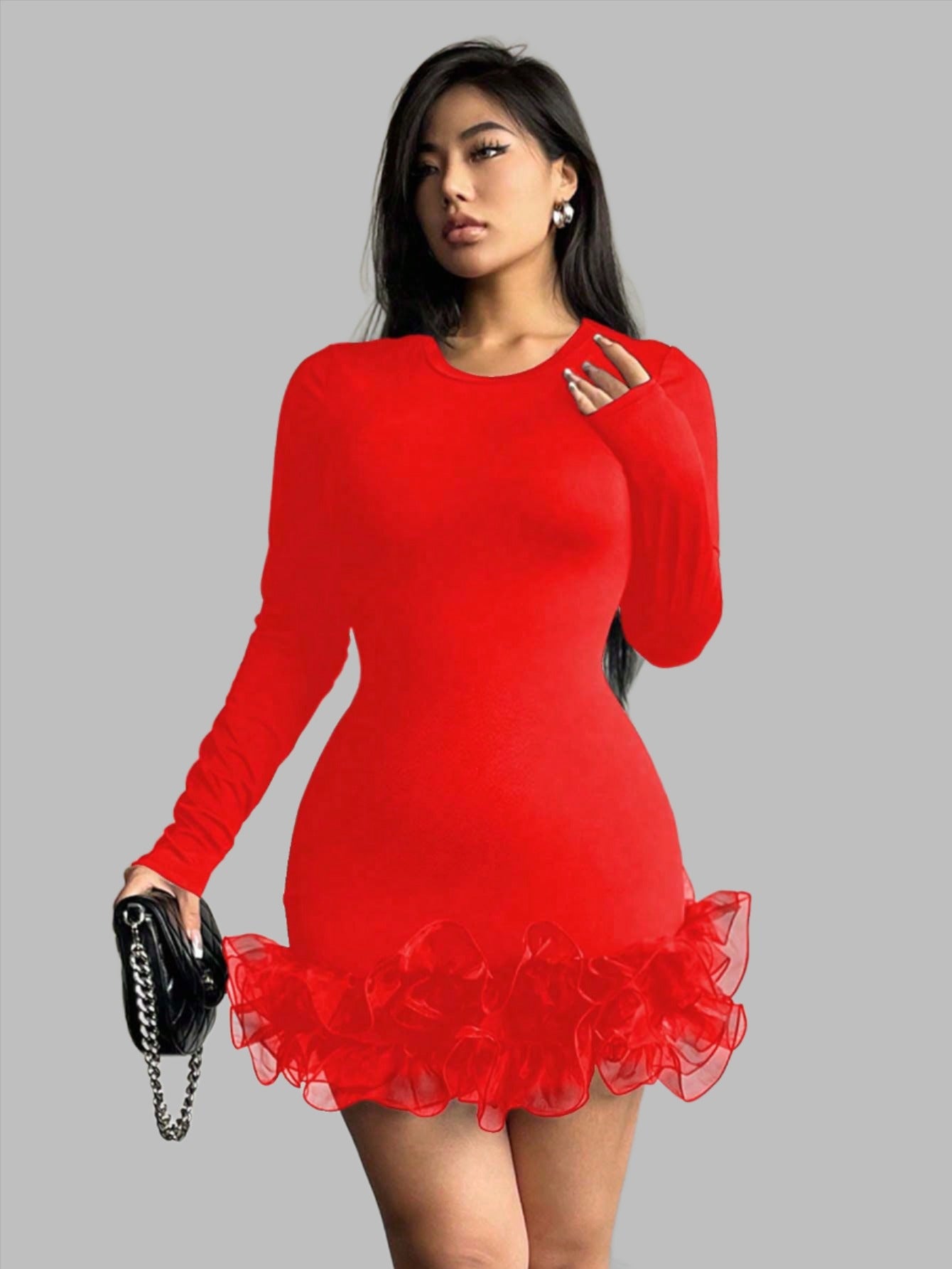 LLstyle Women's Long Sleeve Ruffle Hem Dress