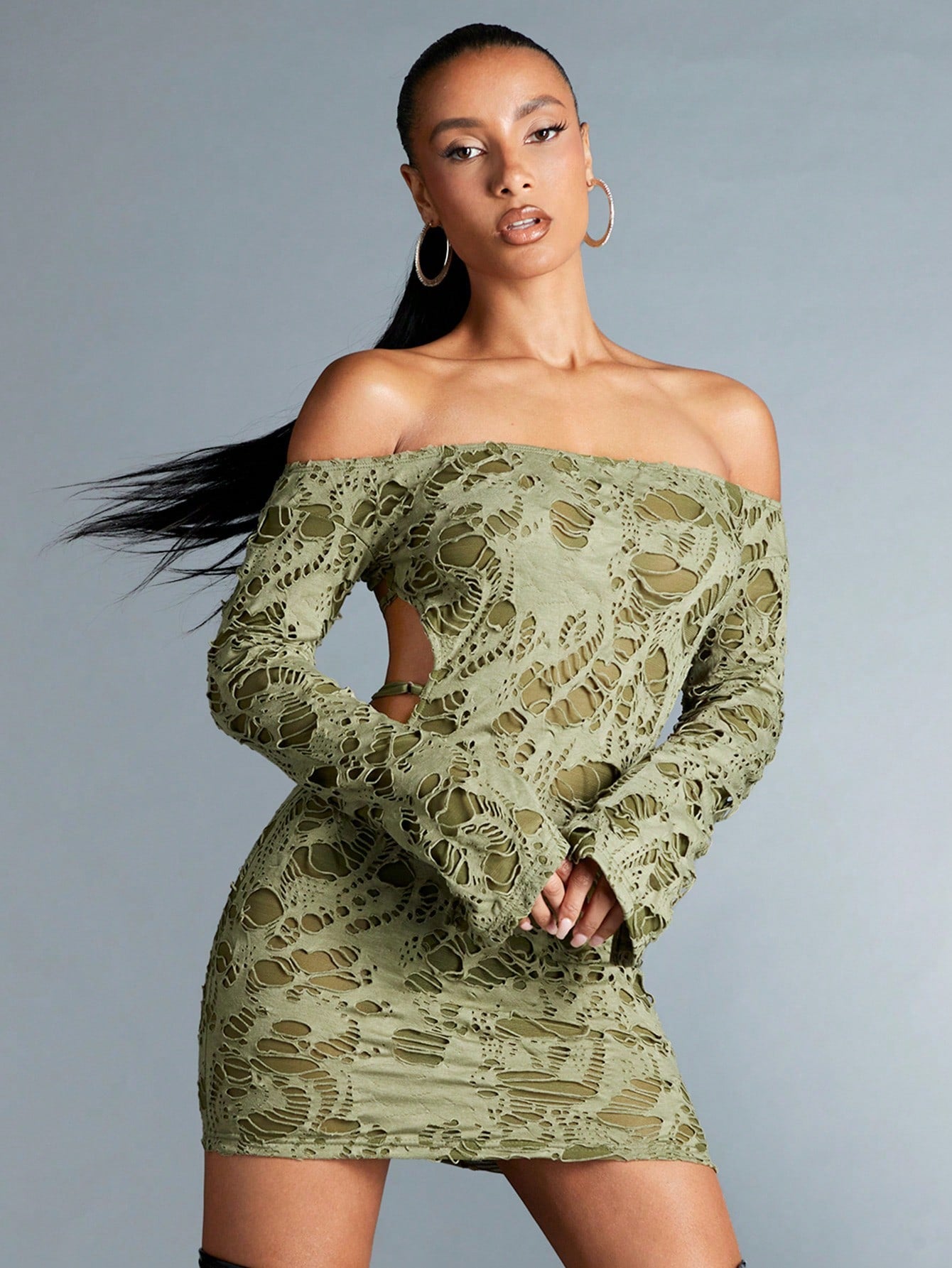 LLstyle Off Shoulder Backless Ripped Mesh Bodycon Dress