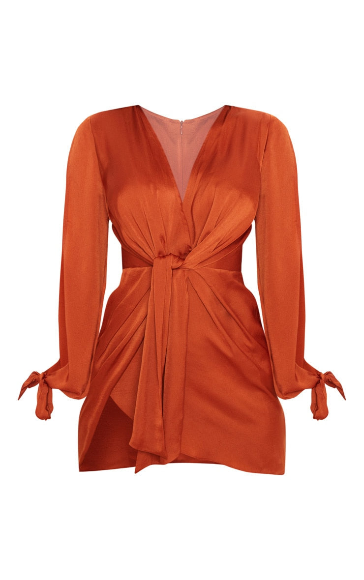 LLstyle Rust Satin Twist Front Open Sleeve Wrap Dress