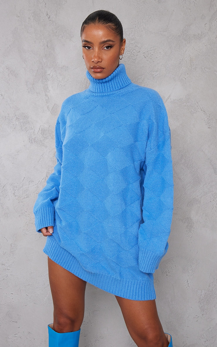 LLstyle Bright Blue Diamond Knitted Oversized Jumper Dress