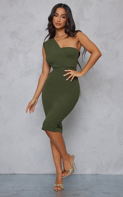 LLstyle- Khaki One Shoulder Drape Midi Dress