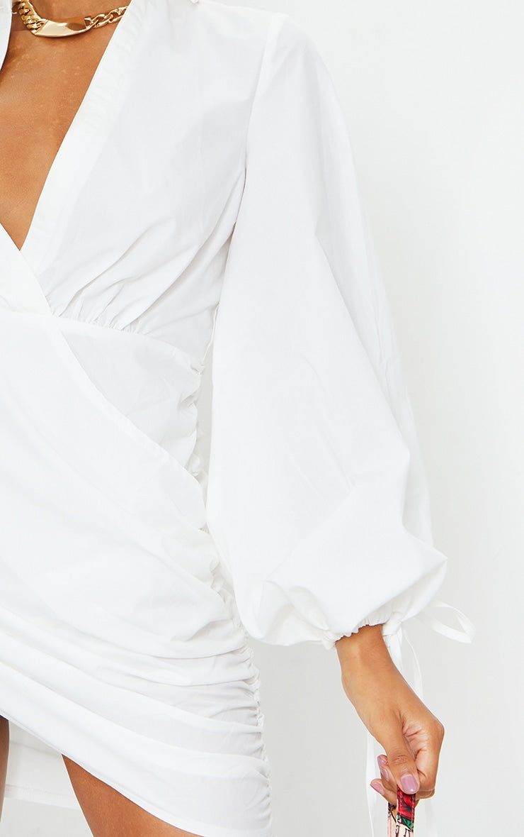LLstyle- White Plunge Ruched Tie Cuff Shirt Bodycon Dress