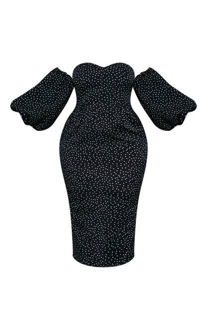 LLstyle Plus Black Polka Dot Bandeau Puff Sleeve Midi Dress