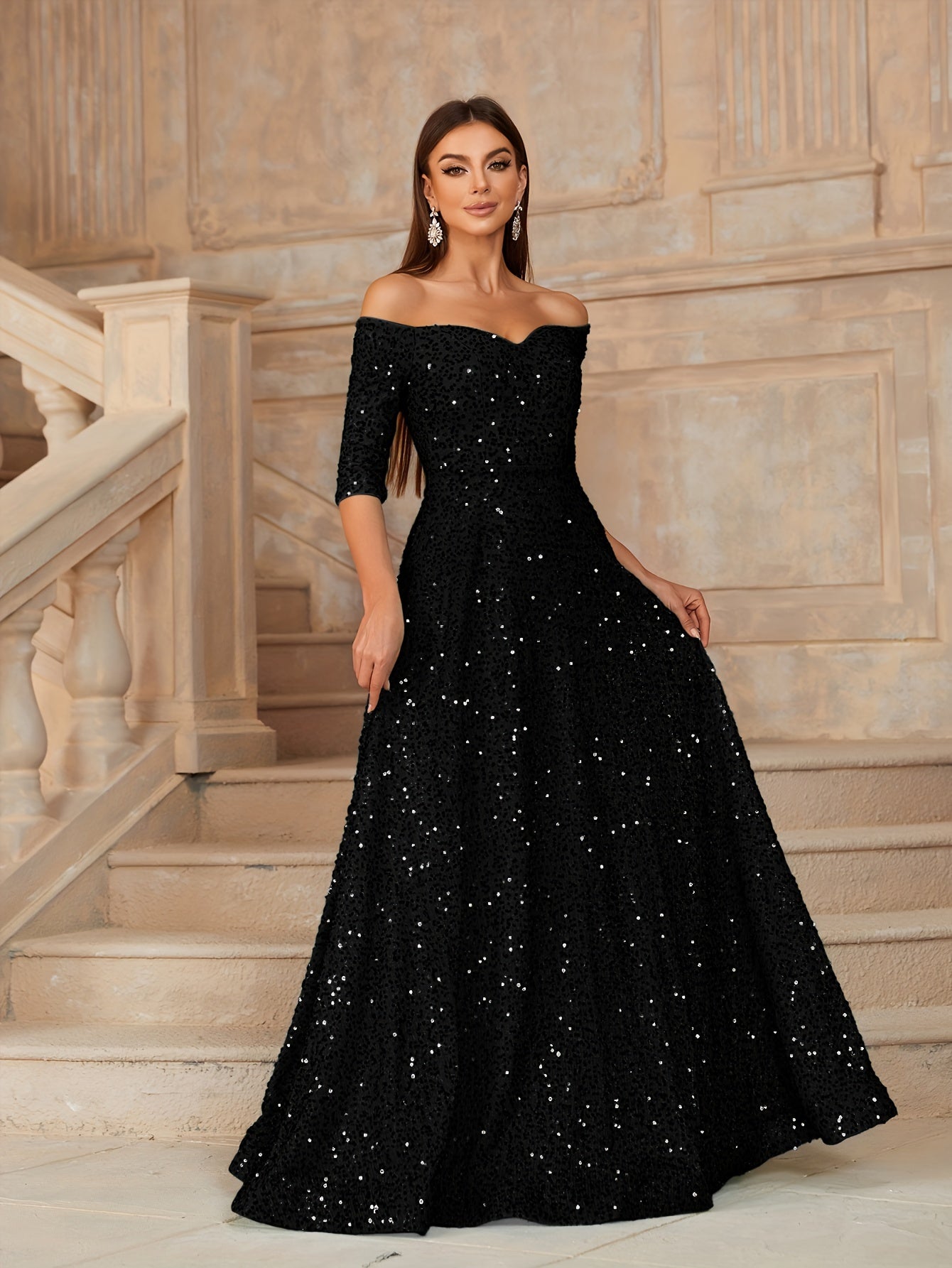 LLstyle Elegant Solid Half Sleeve Floor Length Dress