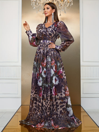 LLstyle Floral & Leopard Print V-neck Maxi Dress