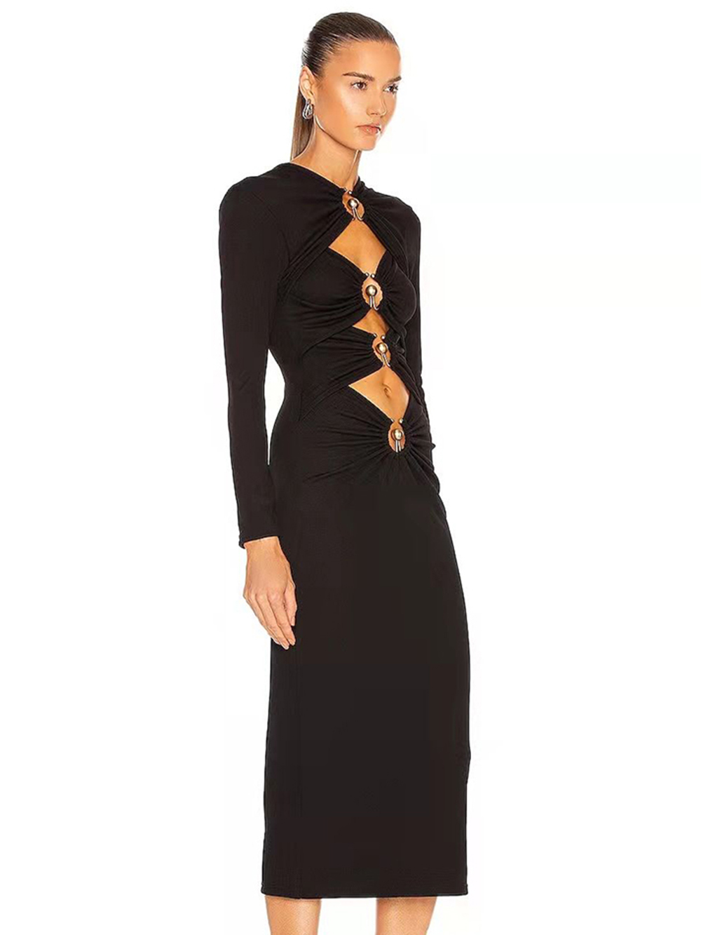 Black Long Sleeve Bodycon Midi Dress