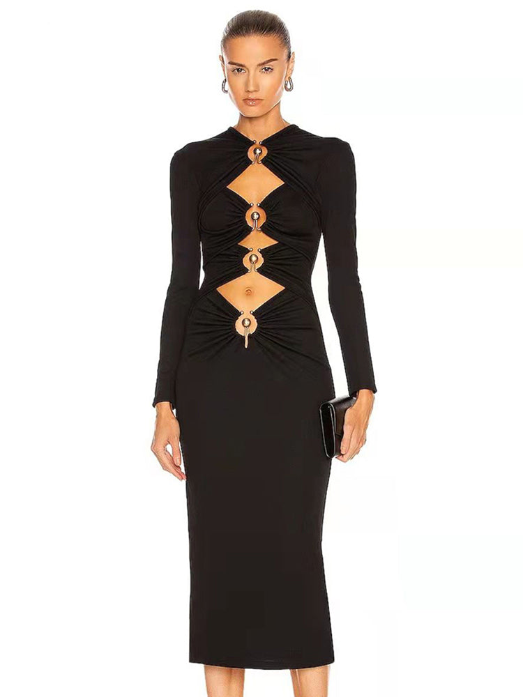 Black Long Sleeve Bodycon Midi Dress