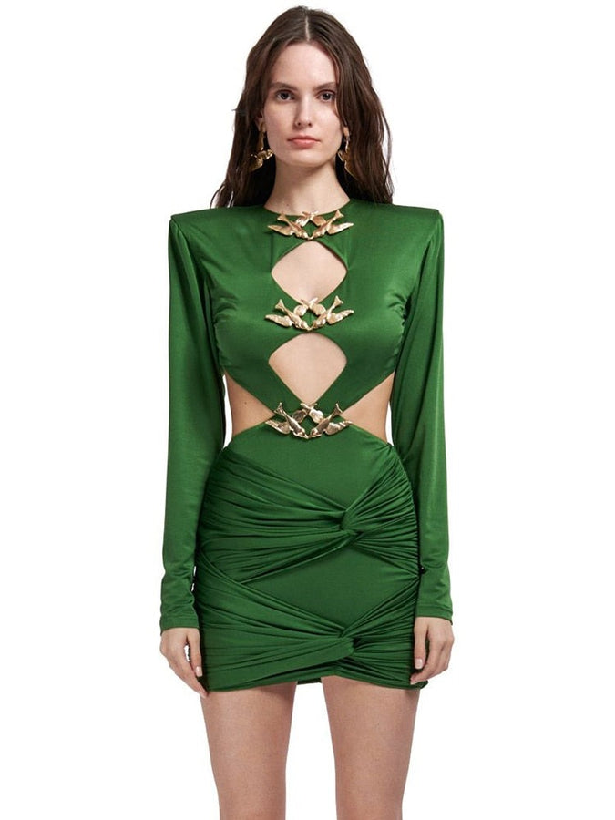 Long Sleeve Metal Decorated Mini Dress